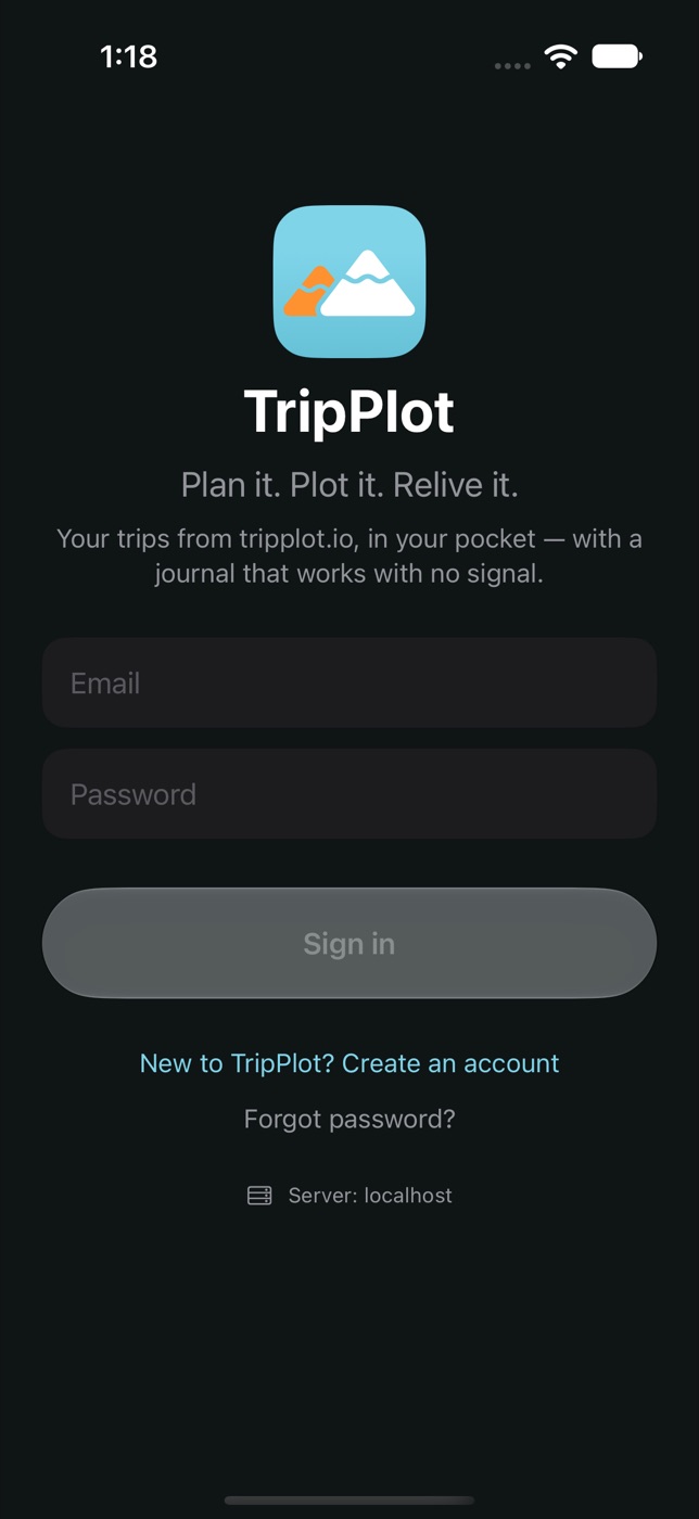 The TripPlot sign-in screen with email and password fields and a Create an account link