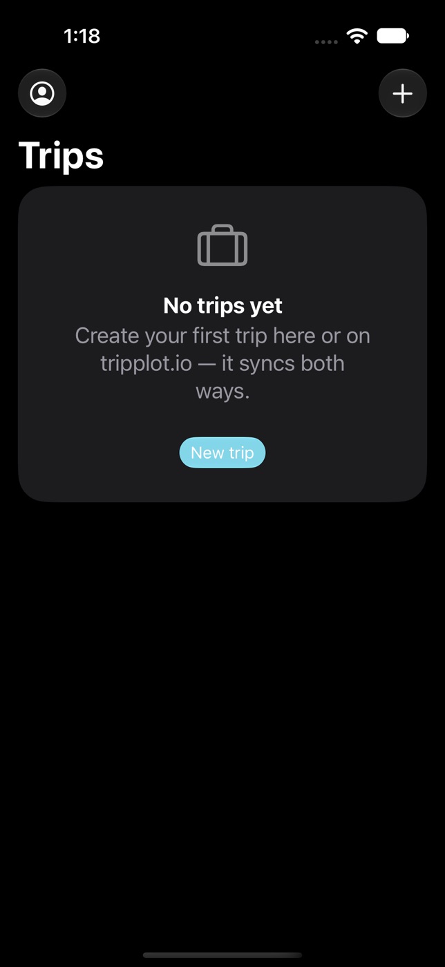 Trips screen saying No trips yet with a New trip button