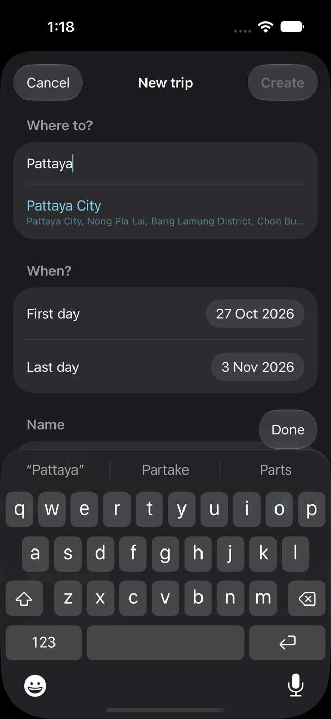 New trip form with destination suggestions for Pattaya