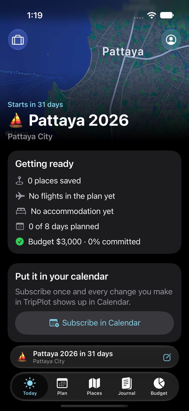 Today tab before the trip showing how many days until it starts and a Getting ready checklist