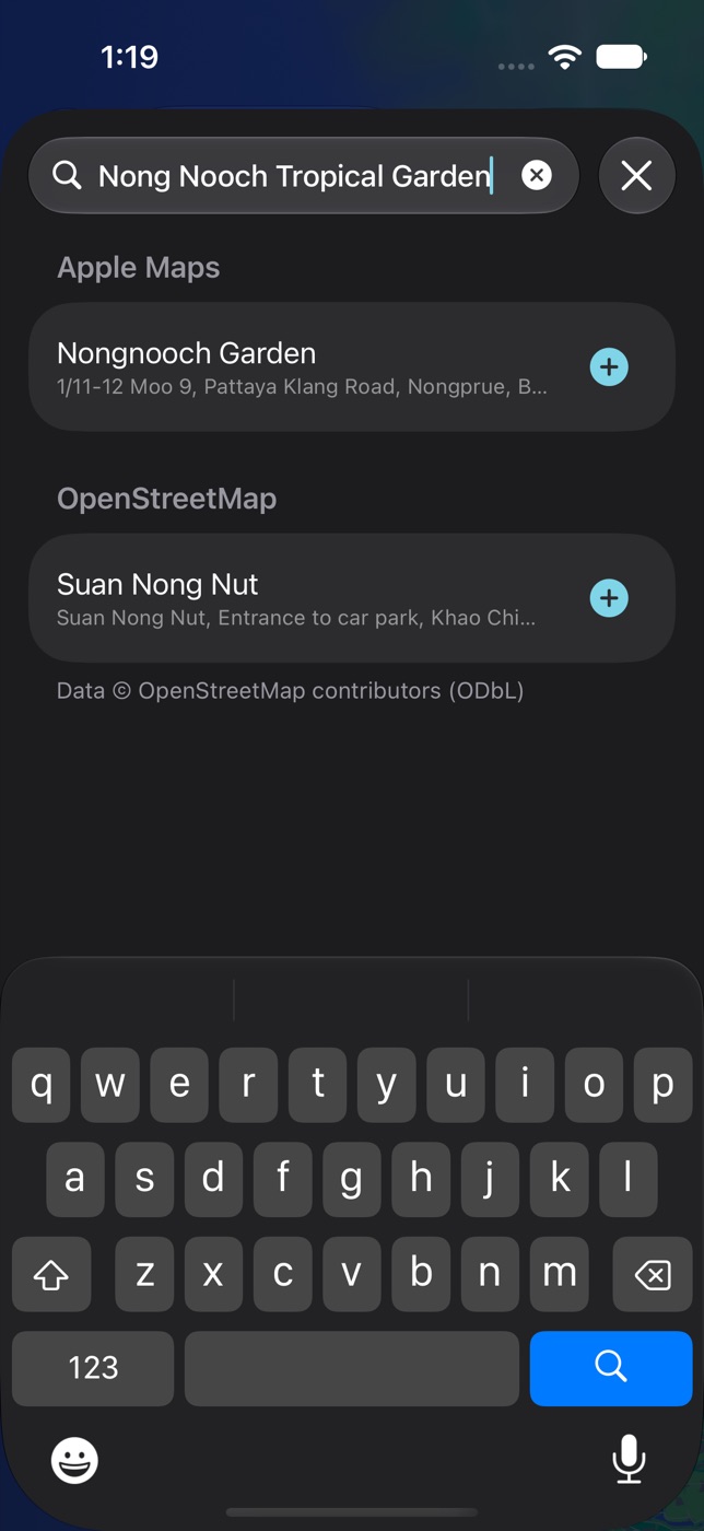 Add place search showing Apple Maps and OpenStreetMap results for Nong Nooch Tropical Garden
