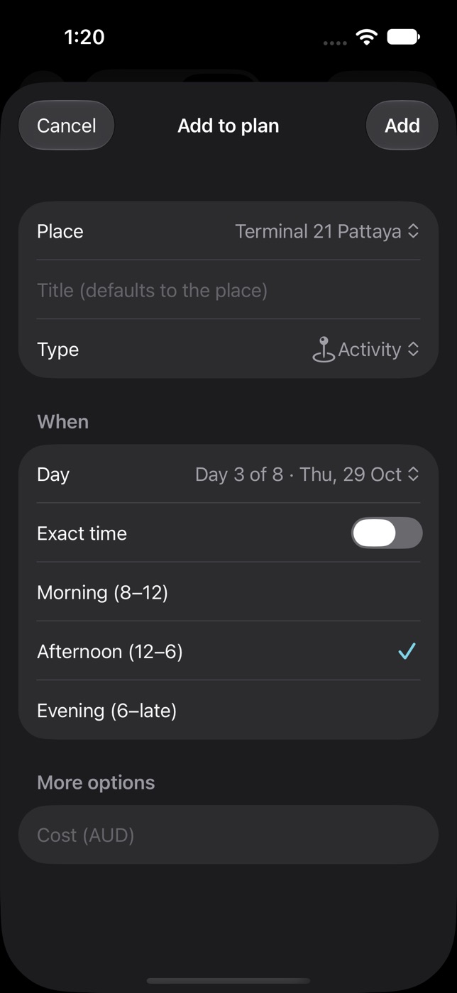 Add to plan form with the day and the Afternoon slot selected