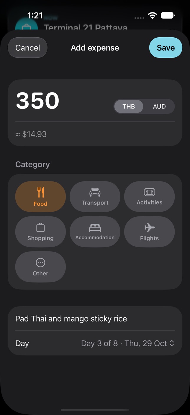 Add expense with 350 baht, the Food category and a description