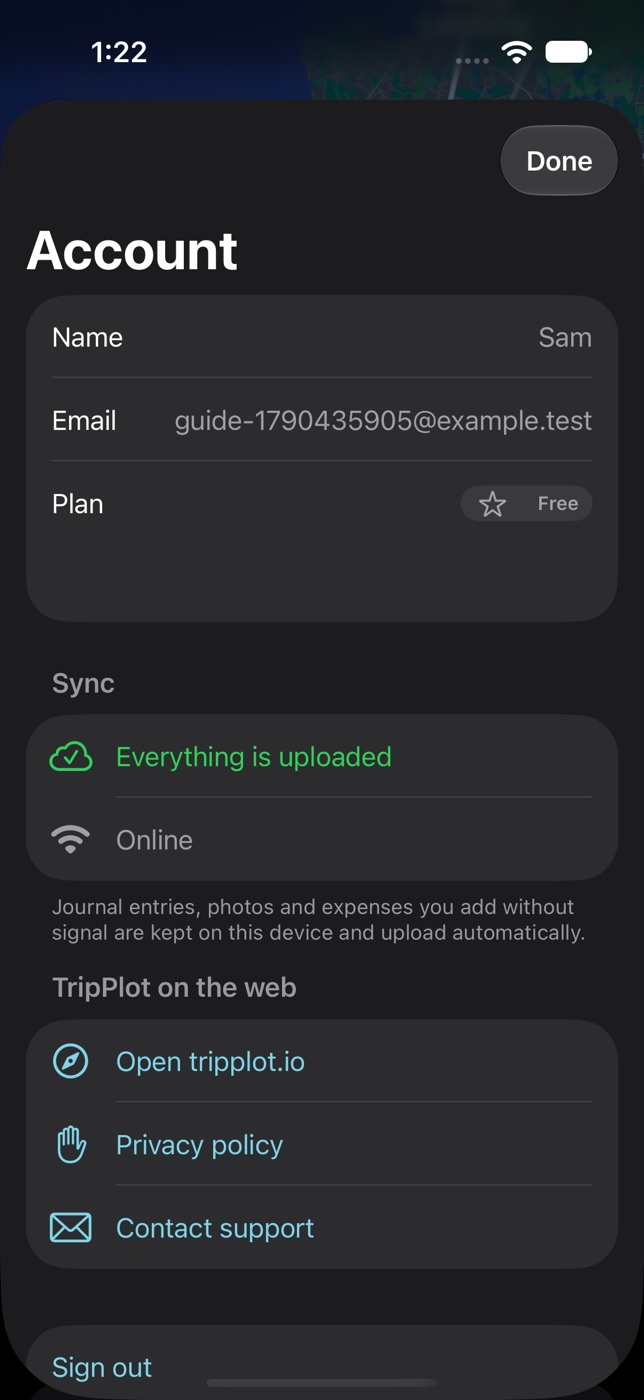 Account screen with plan, sync status, links, Sign out and Delete account