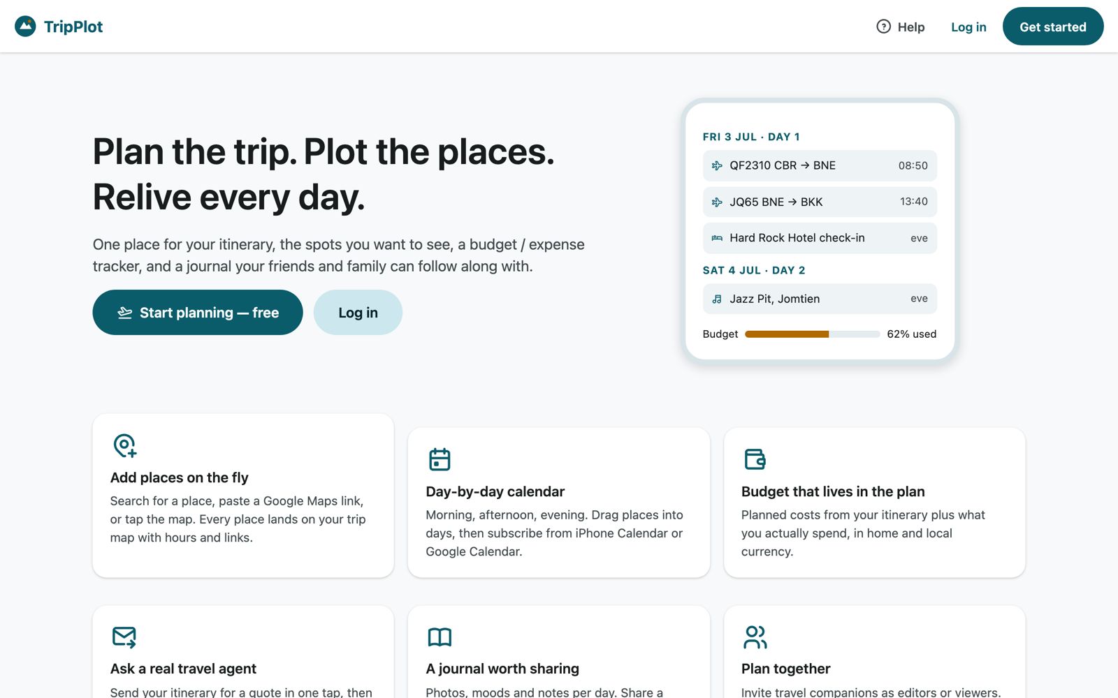 TripPlot home page with Start planning — free and Log in
