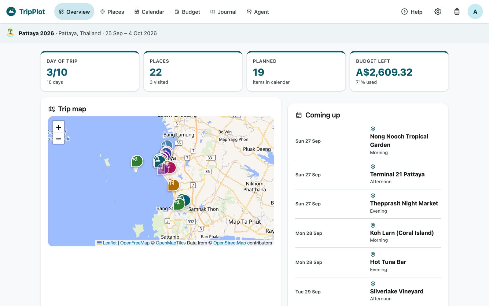Trip overview with four tiles, trip map and a Coming up list