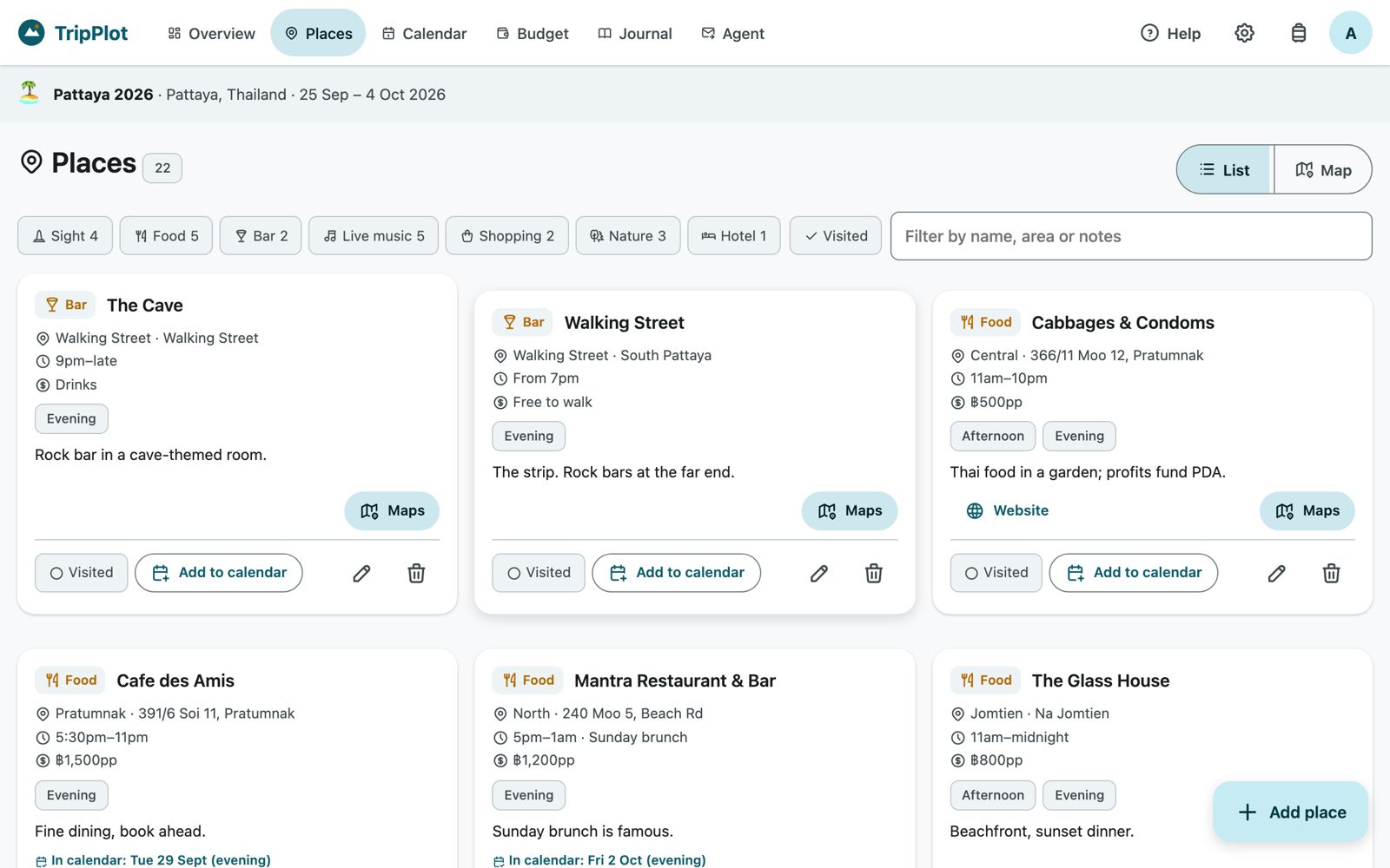 Places list with category filter chips and place cards