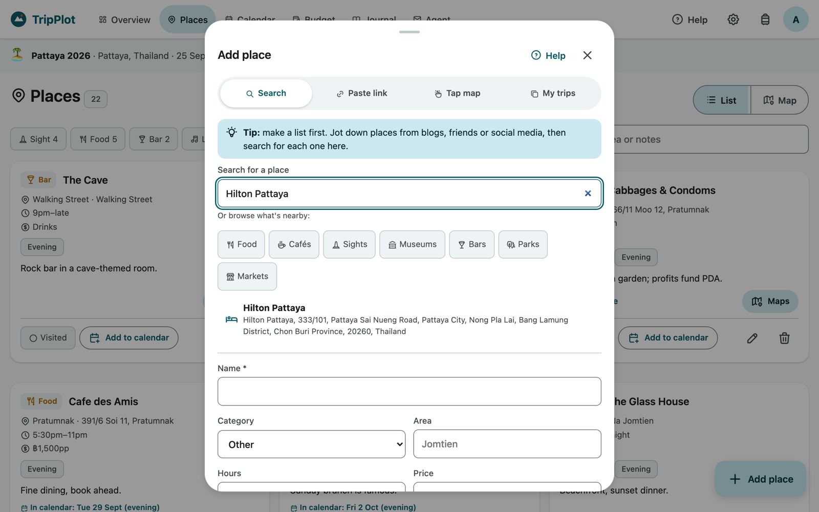 Add place search result for Hilton Pattaya with the details form