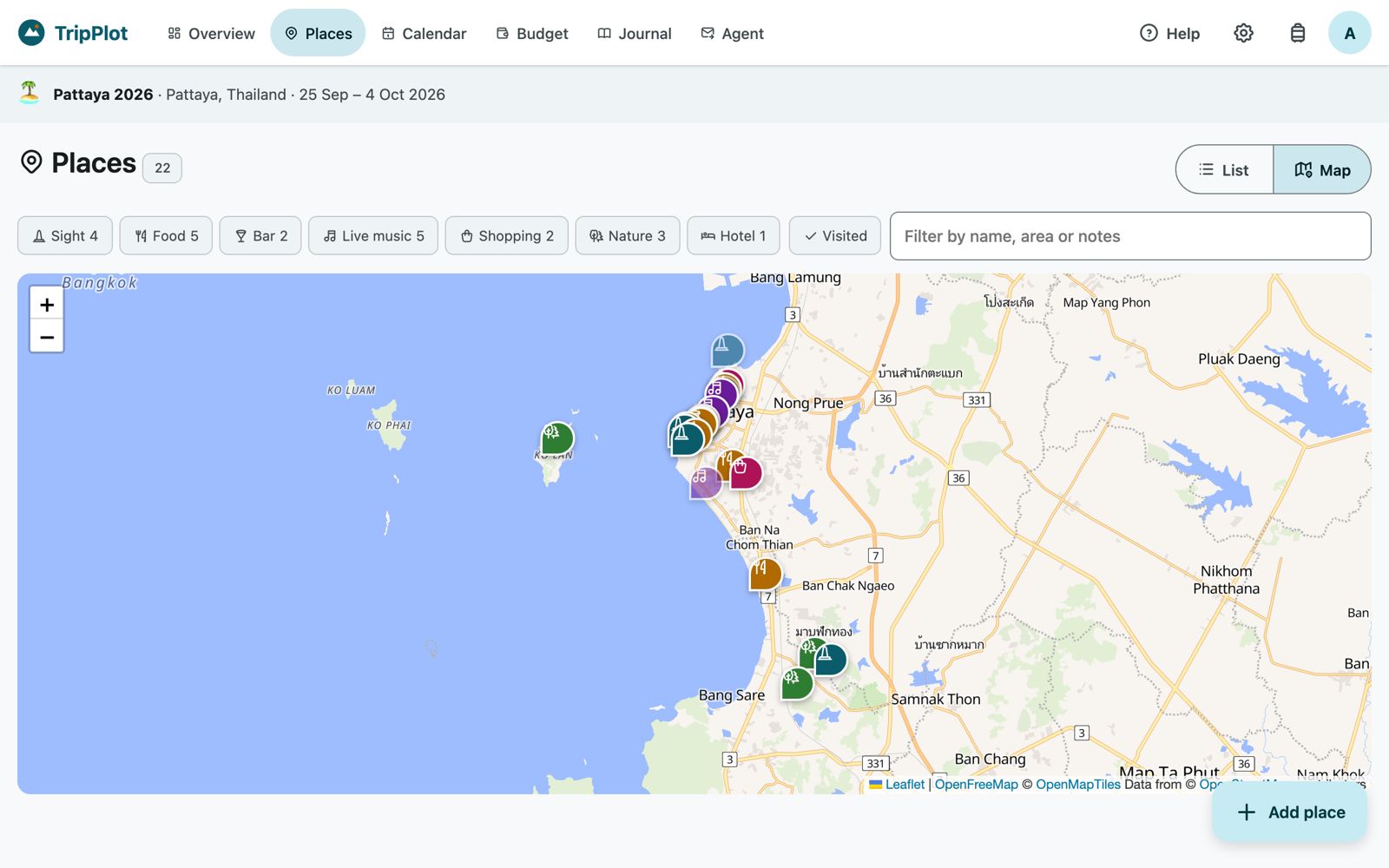 Places map with coloured category markers