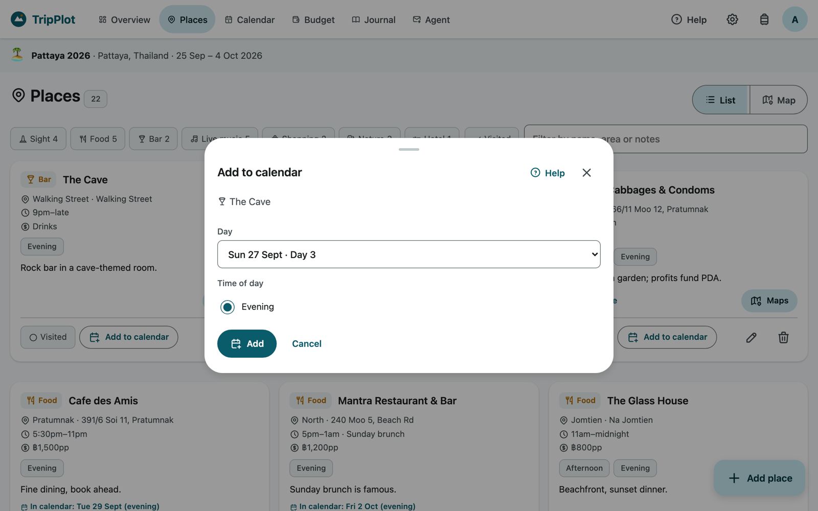 Add to calendar panel with the day and Evening slot