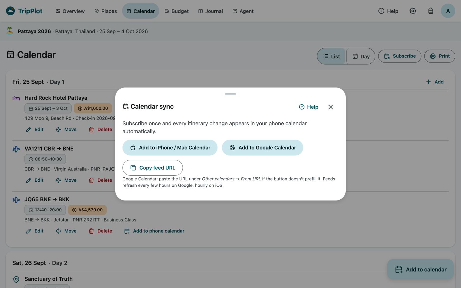 Calendar sync panel with Add to iPhone / Mac Calendar, Add to Google Calendar and Copy feed URL