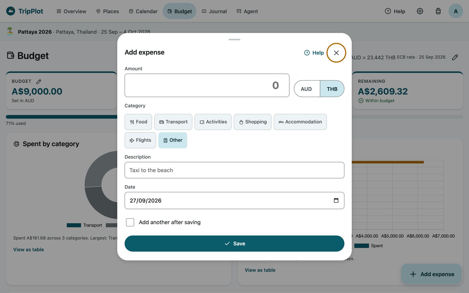 Add expense panel with amount, currency, category, description and date