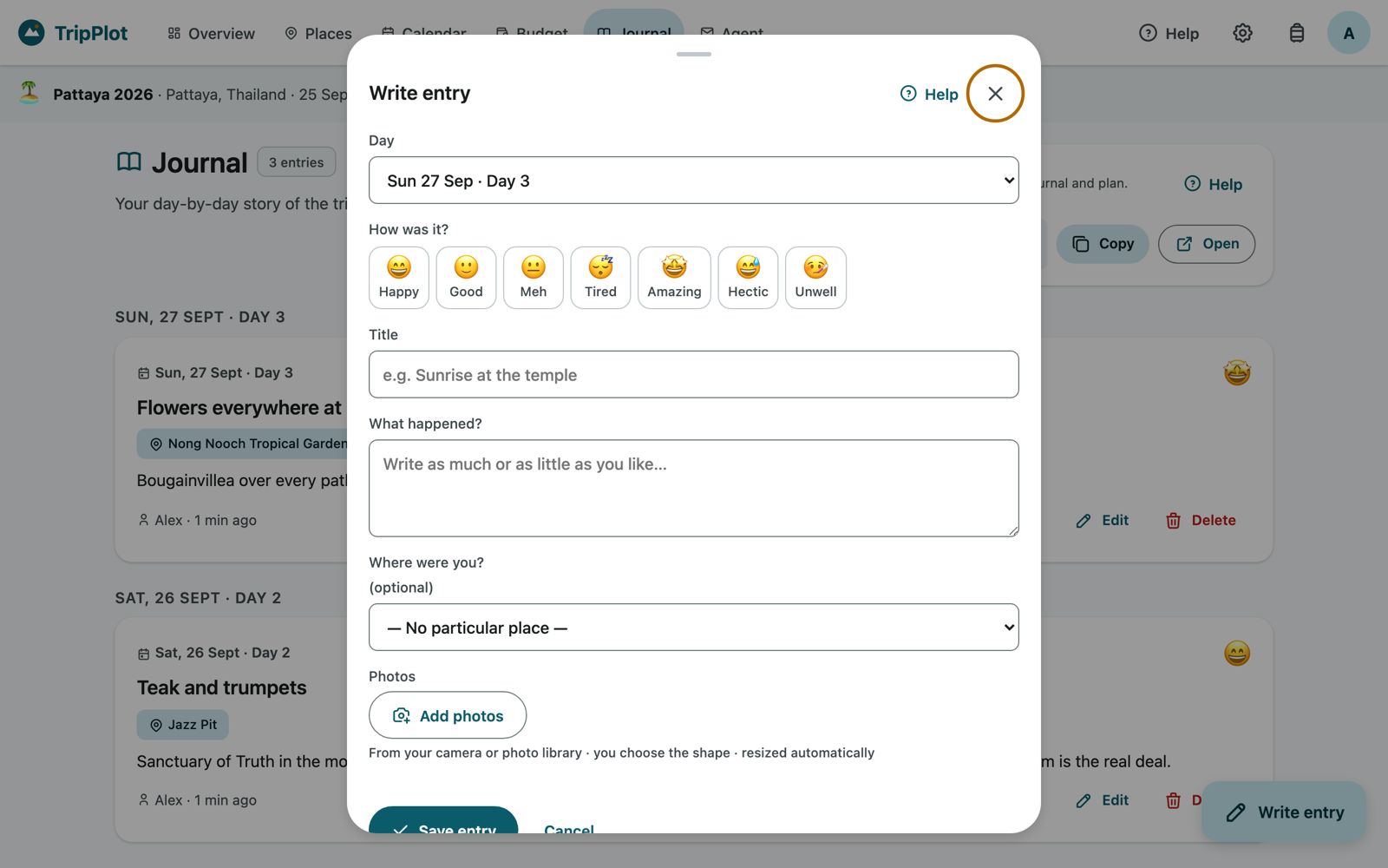 Write entry panel with day, moods, title, text, place and photos