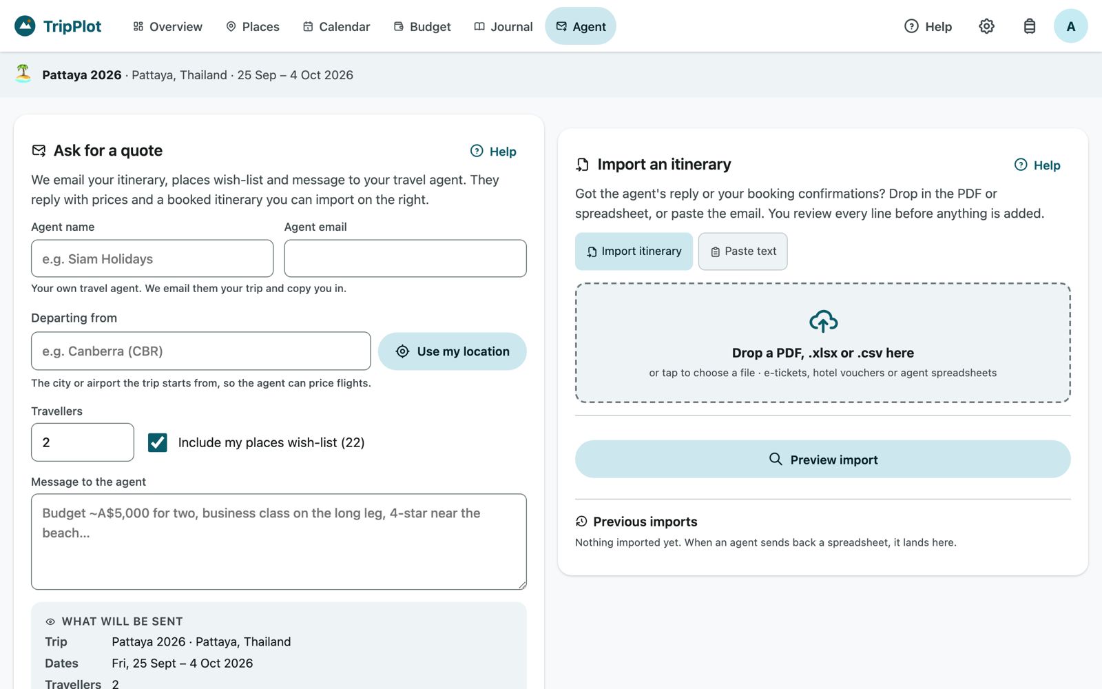 Agent page with the quote request form and What will be sent preview