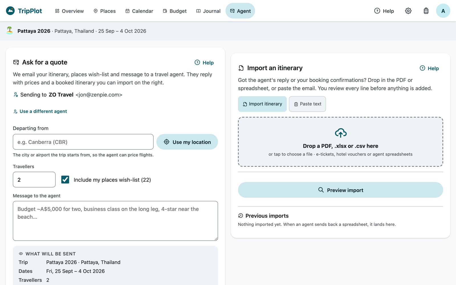 Import an itinerary panel with the file drop box and Paste text tab