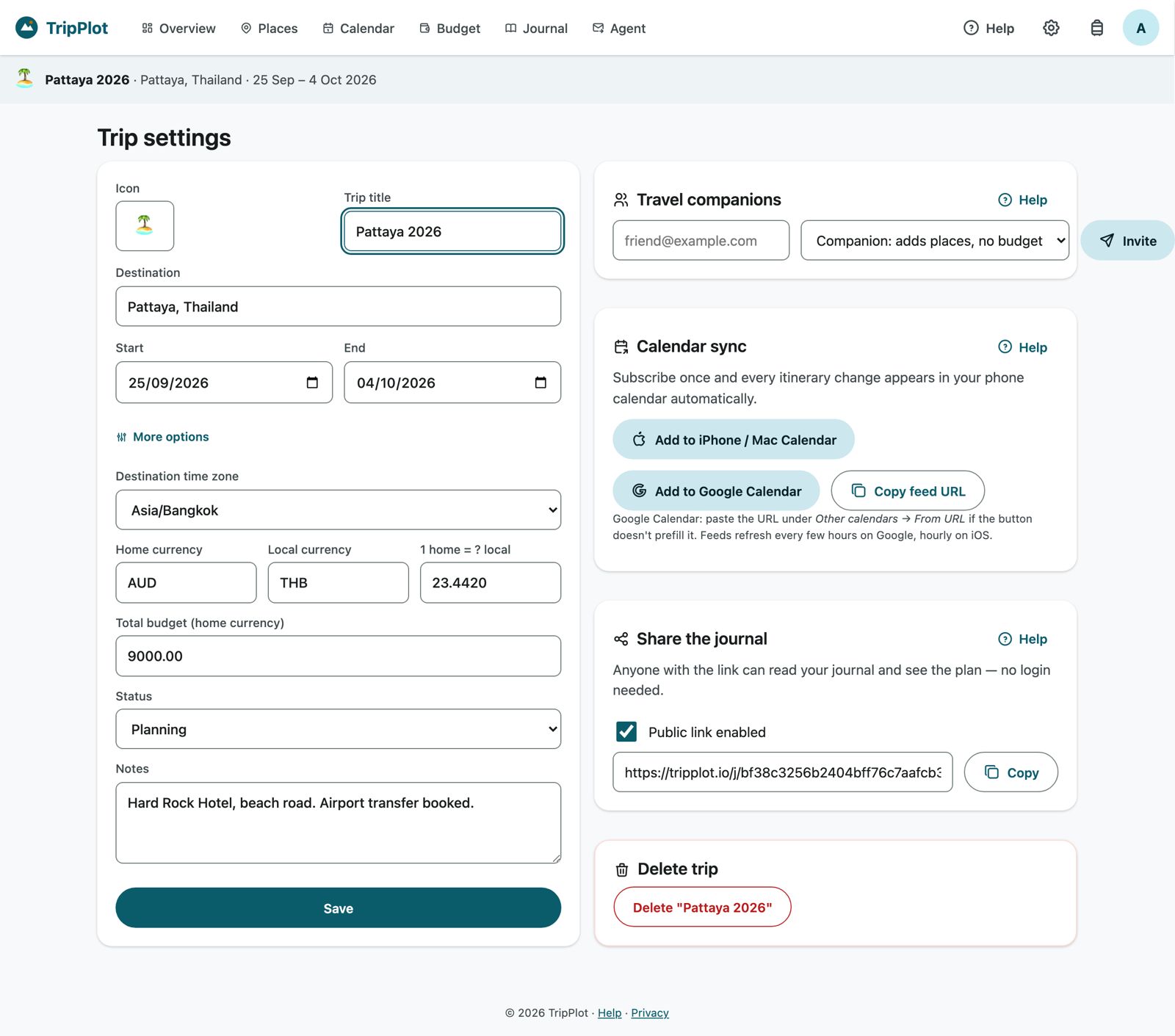 Trip settings with travel companions, calendar sync, journal sharing and delete trip