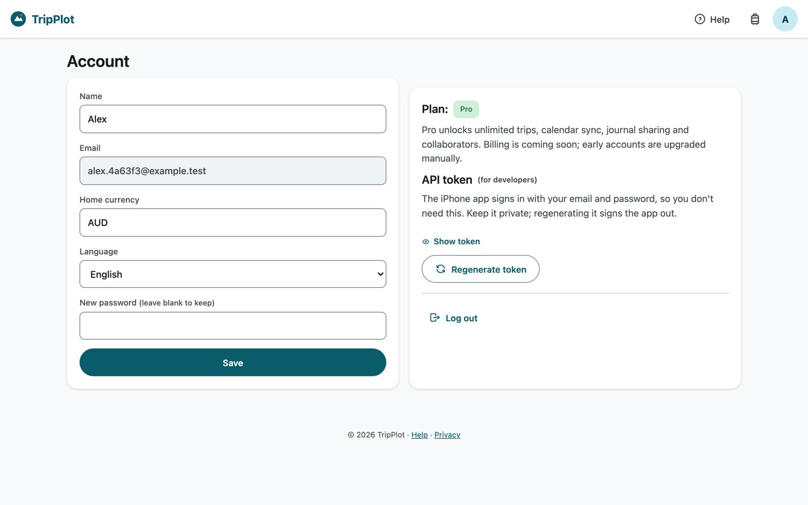 Account page with name, email, currency, language, password and plan
