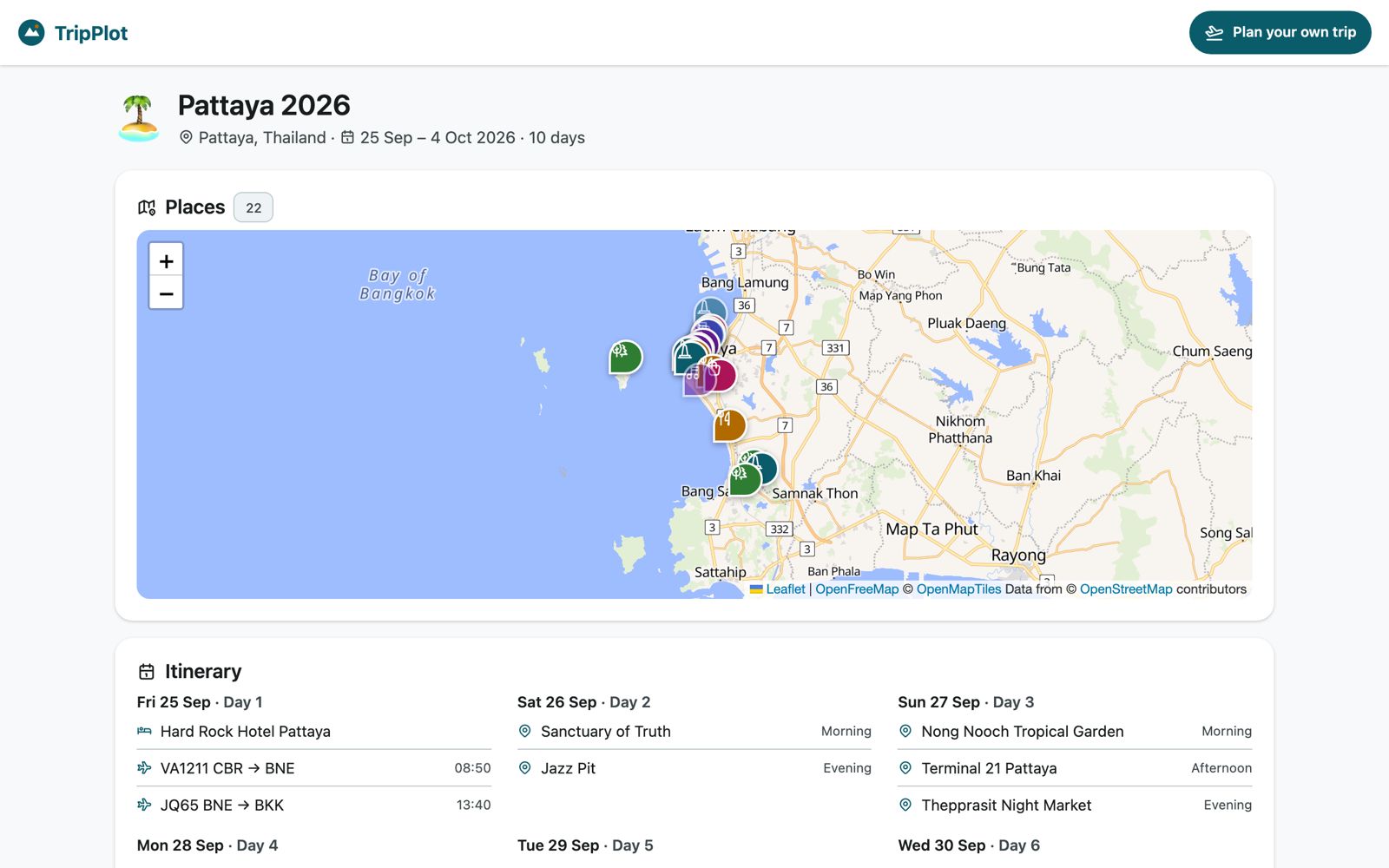 The public journal page as friends see it: a map of places and the itinerary