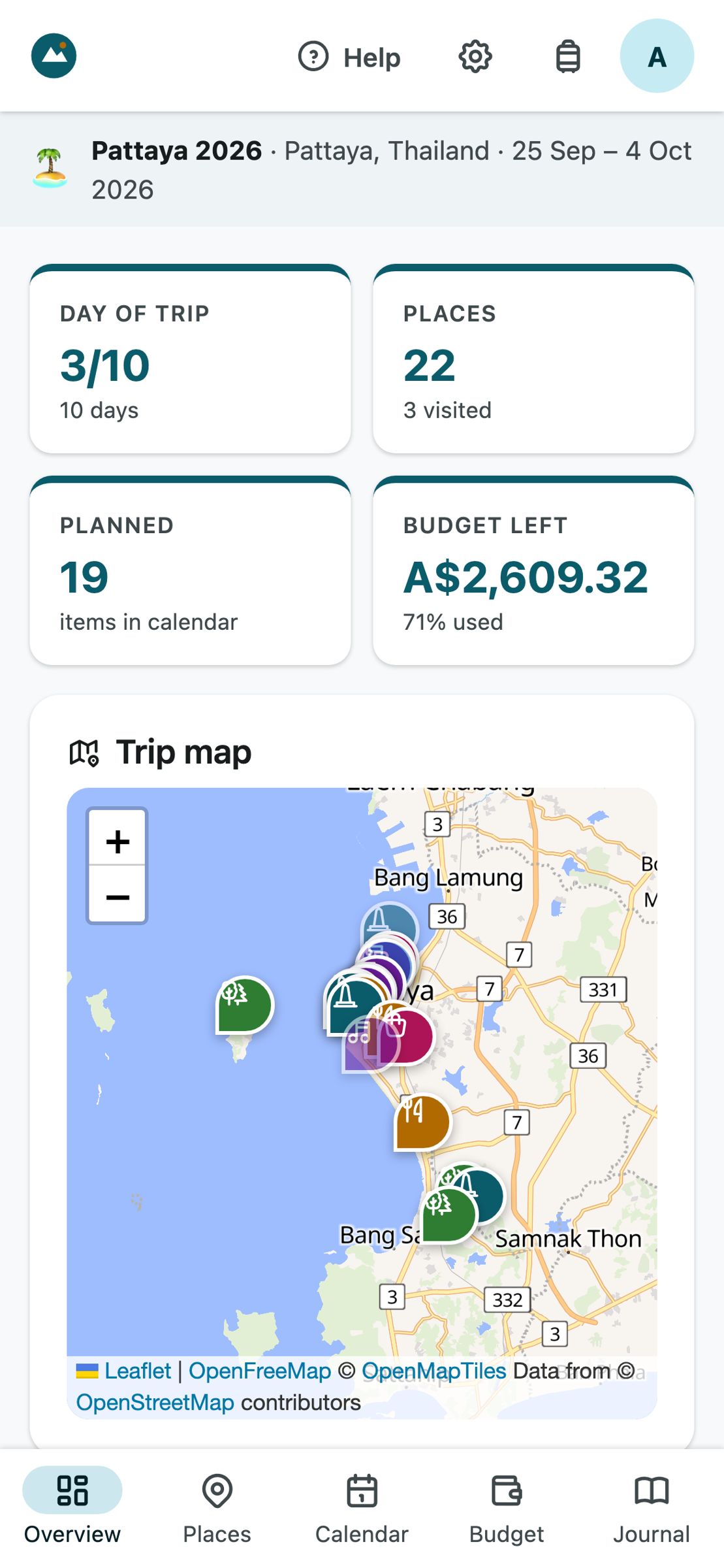 Trip overview on a phone with the bottom tab bar